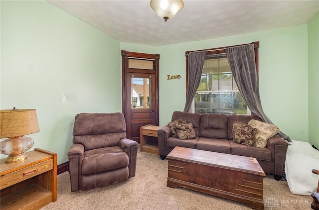 living room featuring light colored carpet