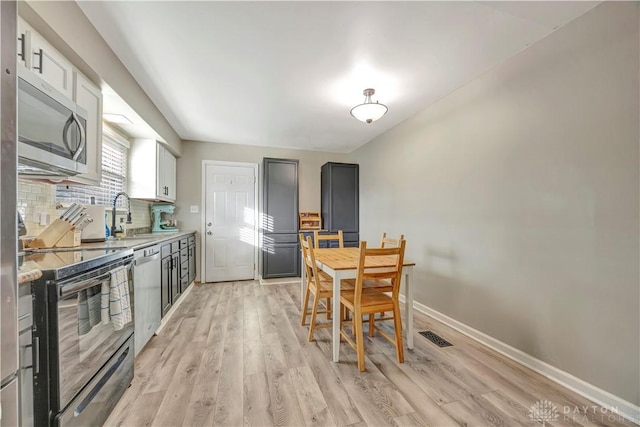 kitchen featuring stainless steel appliances, sink, decorative backsplash, and light wood-type flooring