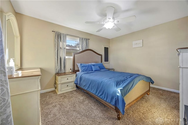 bedroom with light carpet and ceiling fan