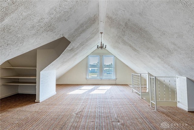 bonus room with lofted ceiling, carpet, and a textured ceiling