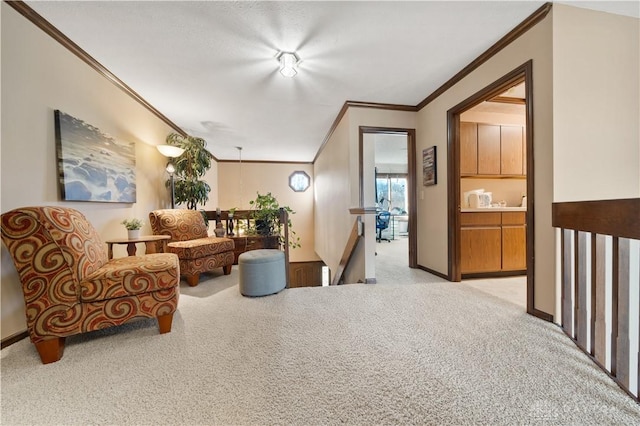 living area featuring ornamental molding and light colored carpet