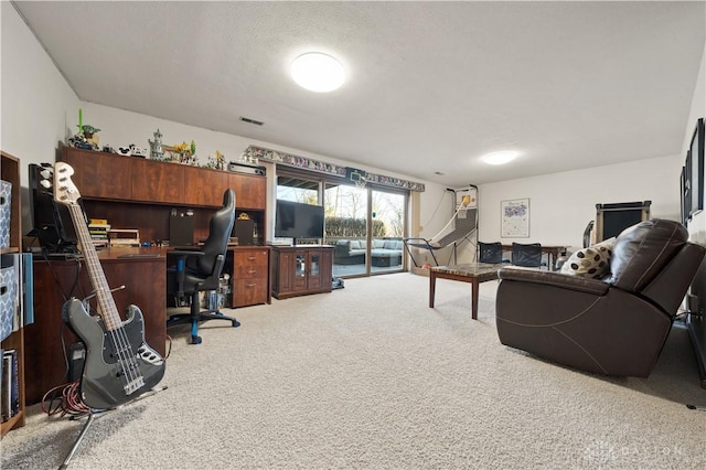 living room with a textured ceiling and carpet