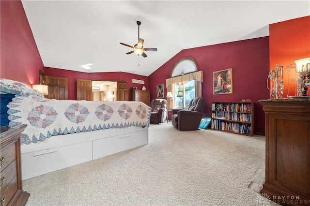 bedroom with ceiling fan, light colored carpet, and vaulted ceiling