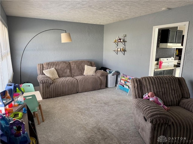 carpeted living room featuring a textured ceiling