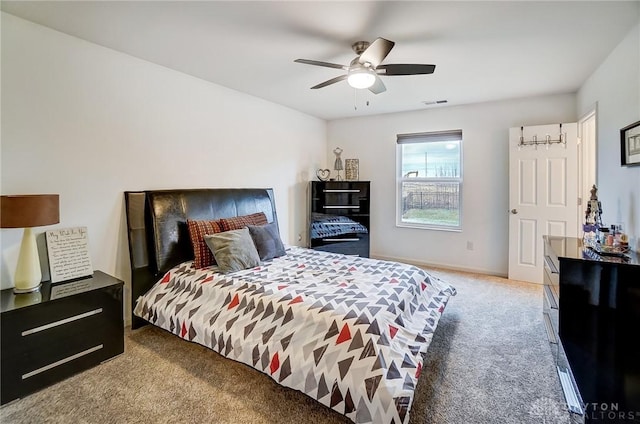 bedroom featuring carpet flooring and ceiling fan