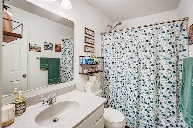 bathroom featuring vanity, walk in shower, and toilet