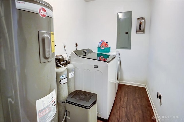 laundry room with electric water heater, dark wood-type flooring, electric panel, and independent washer and dryer