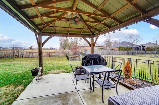 view of patio / terrace with a gazebo, area for grilling, and ceiling fan