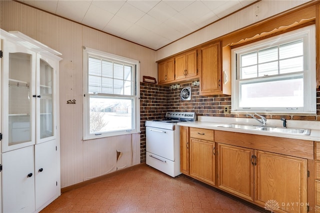 kitchen with crown molding, sink, and white electric range oven