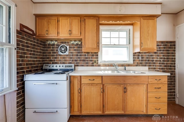 kitchen with sink, white electric range, ornamental molding, and decorative backsplash