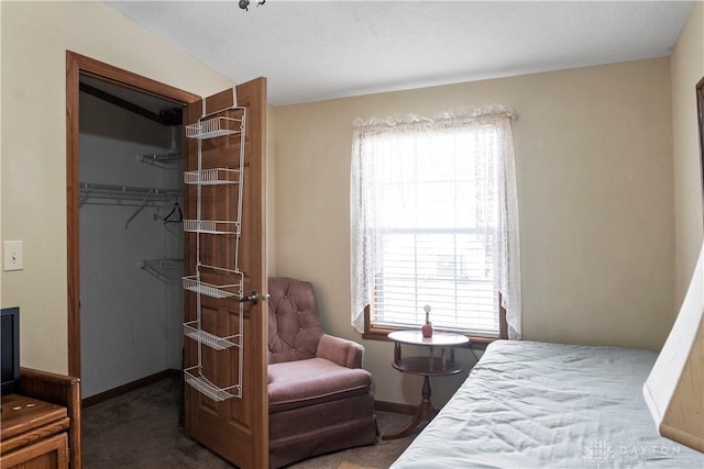 carpeted bedroom featuring a walk in closet and a closet