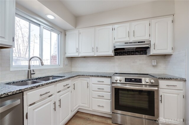 kitchen with stone counters, sink, white cabinets, decorative backsplash, and stainless steel appliances