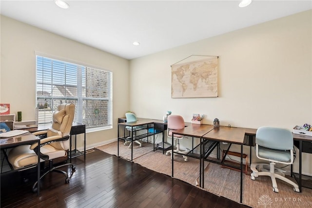 office space with hardwood / wood-style floors, recessed lighting, and baseboards