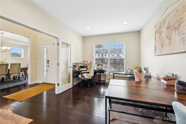 office area with baseboards, a chandelier, hardwood / wood-style floors, and recessed lighting