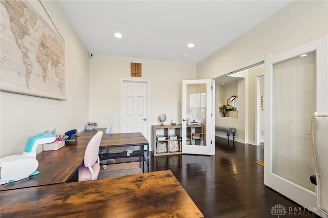 office with recessed lighting, french doors, and wood finished floors