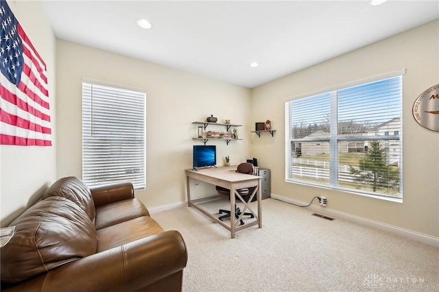 carpeted office with recessed lighting, visible vents, and baseboards