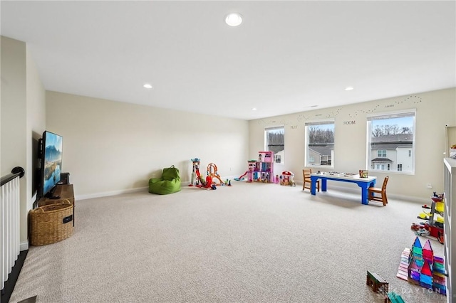 playroom featuring baseboards, carpet floors, and recessed lighting