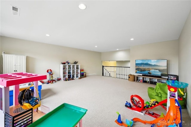 game room featuring recessed lighting, visible vents, and carpet flooring