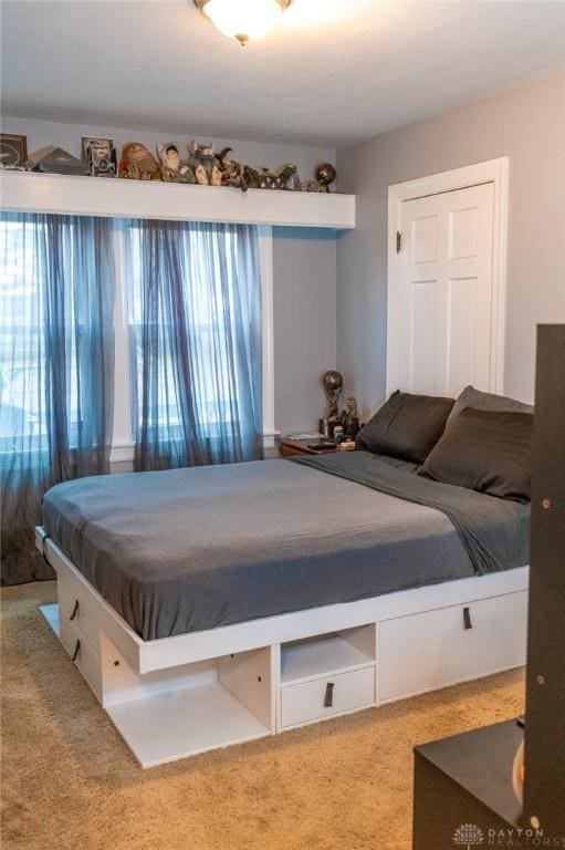 bedroom with light colored carpet