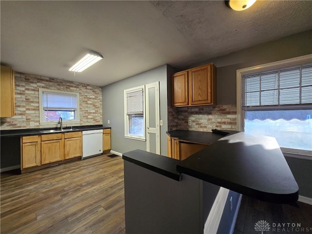 kitchen with dishwasher, brick wall, sink, and dark hardwood / wood-style flooring