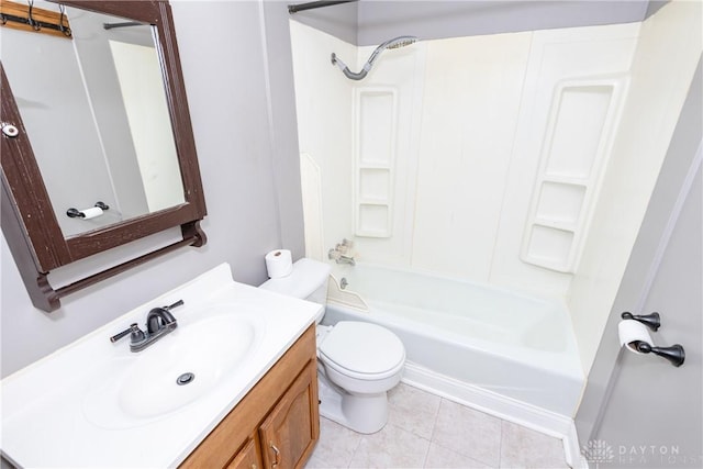 full bathroom with shower / tub combination, vanity, tile patterned floors, and toilet