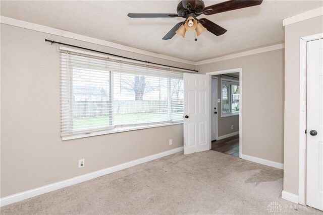 unfurnished bedroom featuring ceiling fan, ornamental molding, and light carpet