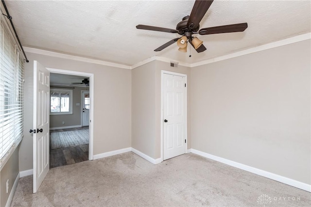 carpeted empty room with crown molding and a textured ceiling