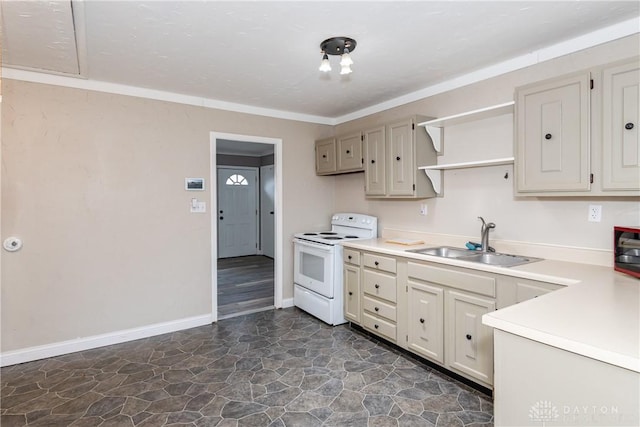 kitchen with sink, crown molding, cream cabinetry, and white range with electric cooktop