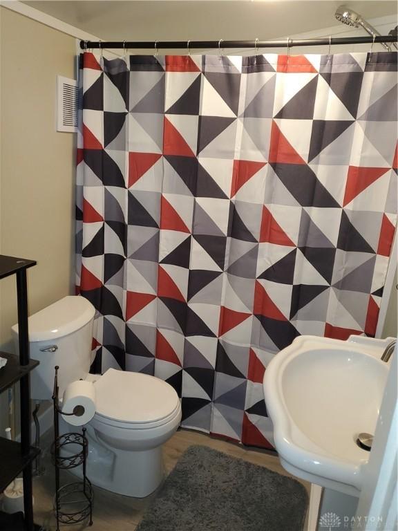 bathroom featuring a shower with curtain, toilet, and sink