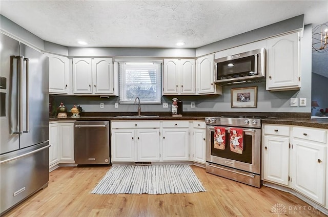 kitchen with high quality appliances, sink, white cabinets, light hardwood / wood-style floors, and a textured ceiling