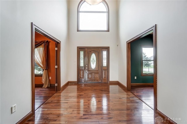 foyer with dark wood-style floors, a high ceiling, and a healthy amount of sunlight