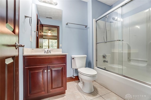 bathroom featuring enclosed tub / shower combo, tile patterned flooring, toilet, vanity, and visible vents