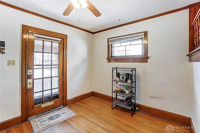 doorway featuring crown molding, ceiling fan, and light wood-type flooring