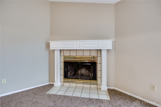 interior details with carpet floors and a fireplace