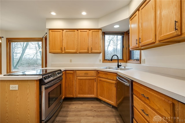 kitchen with stainless steel appliances, a healthy amount of sunlight, wood-type flooring, and sink