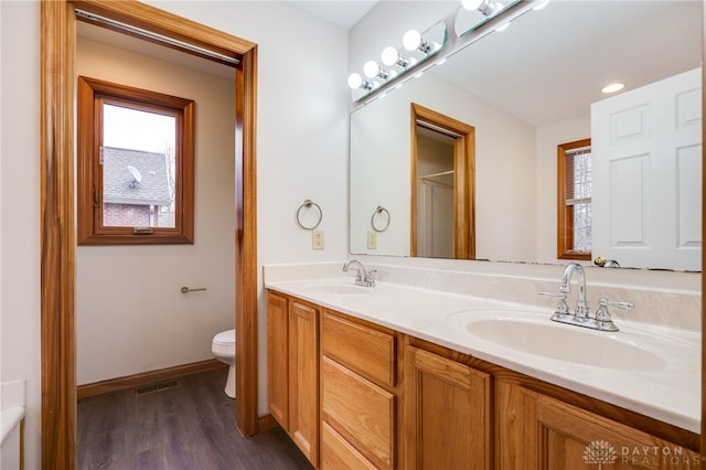 bathroom with vanity, wood-type flooring, and toilet