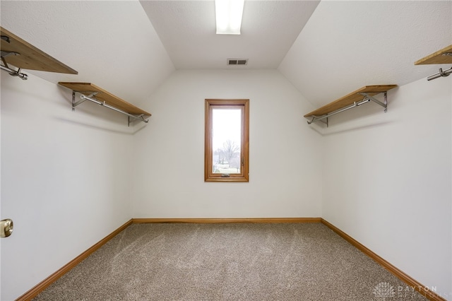 walk in closet featuring carpet and lofted ceiling