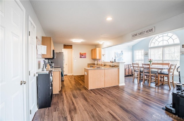 kitchen with light stone counters, dark hardwood / wood-style flooring, kitchen peninsula, and light brown cabinets