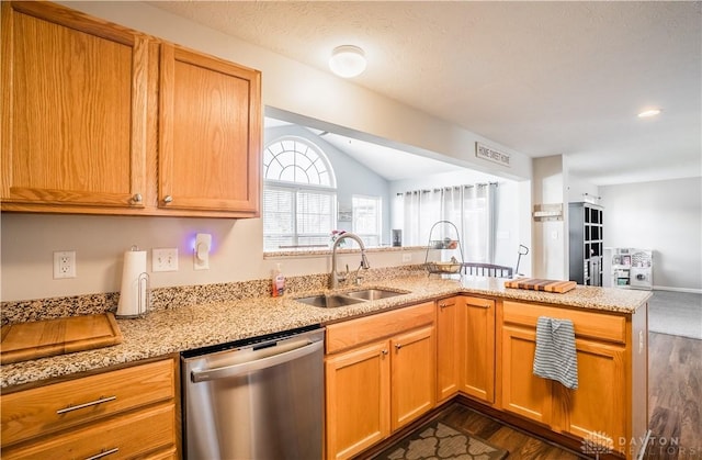 kitchen featuring sink, dark wood-type flooring, light stone countertops, stainless steel dishwasher, and kitchen peninsula