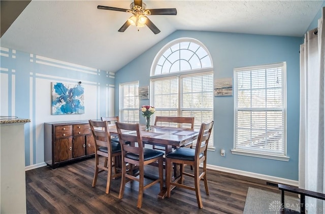 dining room featuring vaulted ceiling, a textured ceiling, ceiling fan, and dark hardwood / wood-style flooring