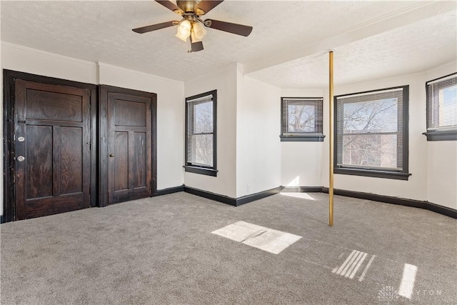 unfurnished bedroom featuring multiple windows, light colored carpet, and a textured ceiling