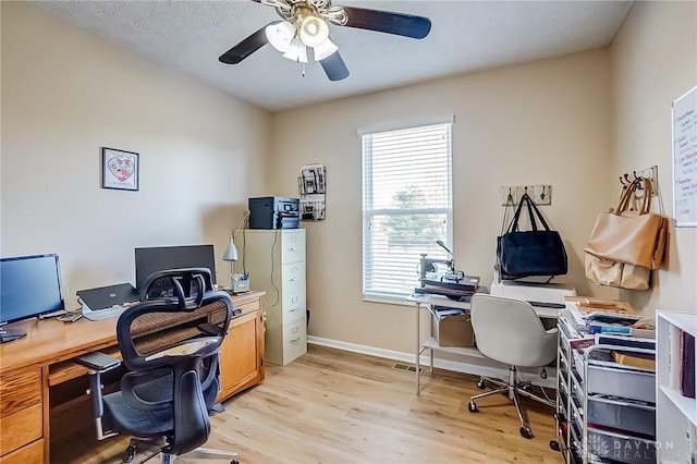 office area featuring ceiling fan, light hardwood / wood-style floors, and a textured ceiling