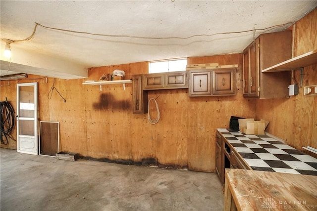 basement featuring wood walls