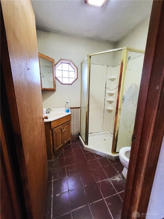 bathroom with vanity, toilet, and walk in shower