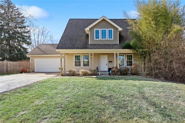 view of front facade with a shingled roof, fence, concrete driveway, a front yard, and an attached garage