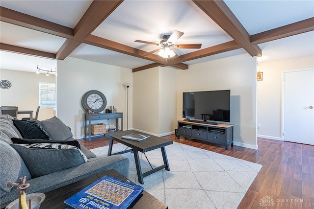 living room featuring coffered ceiling, ceiling fan, beam ceiling, and hardwood / wood-style floors