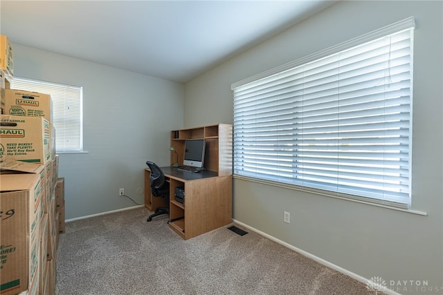 carpeted home office with plenty of natural light