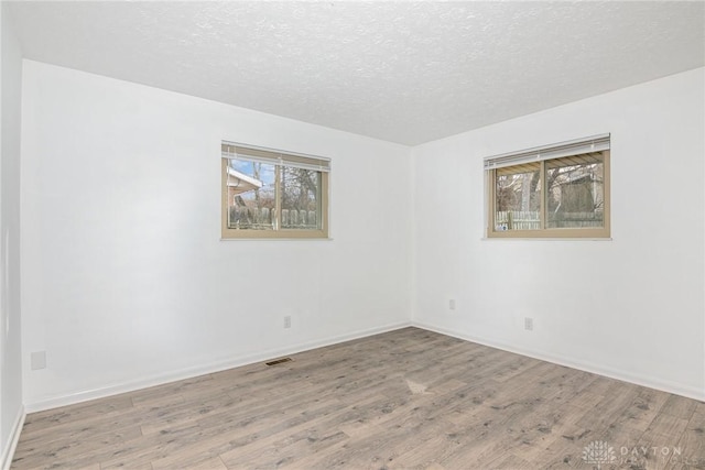 unfurnished room featuring a textured ceiling, light hardwood / wood-style flooring, and a healthy amount of sunlight