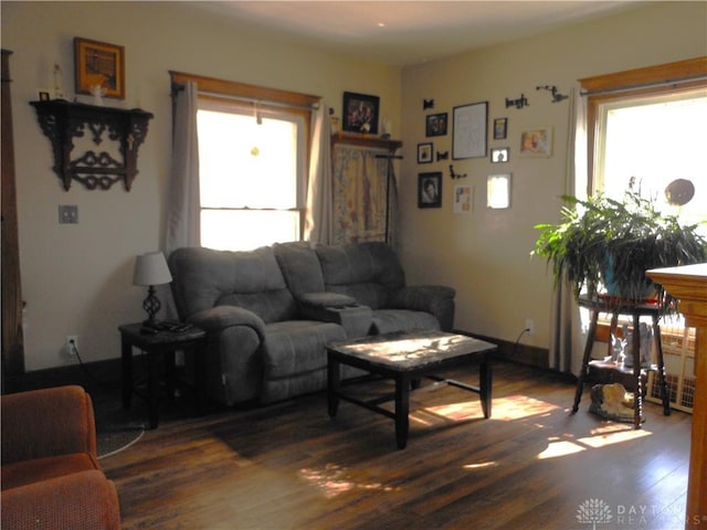 living room featuring plenty of natural light and dark hardwood / wood-style floors