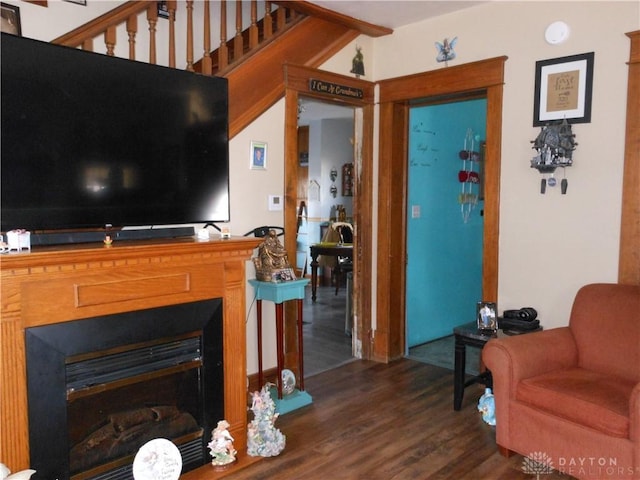 living room featuring dark wood-type flooring